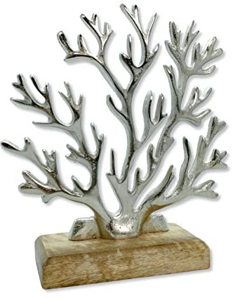 Metall Skulptur mit Holz-Fuß Silber-braun Koralle 23 x 25cm Dekofigur Tisch-Deko Maritim Mediterran Meeresdeko