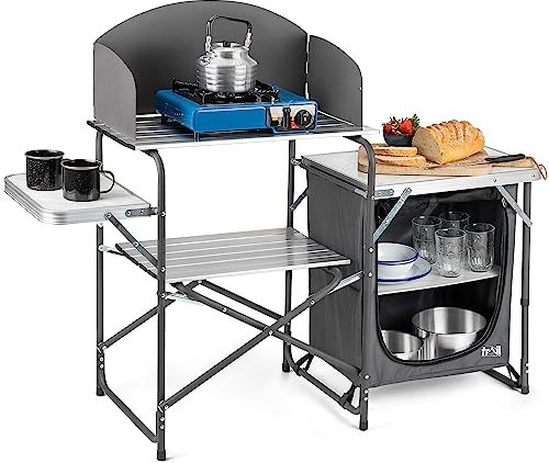 Trail Outdoor Leisure Camping Kitchen Stand With Windshield, Folding Aluminium Cooking Station, Cupboard with 2 Storage Shelves, Carry Bag Included