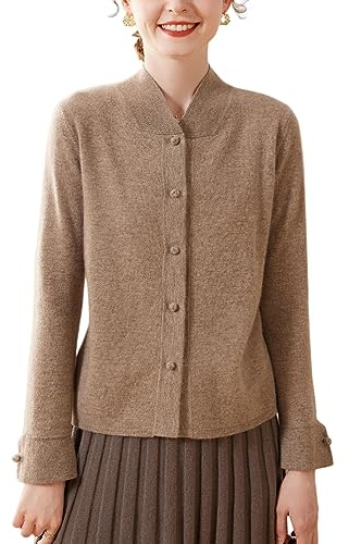 DISSA Gilet Cachemire Femme Col Montant Chameau Solide Couleur Tricoté Mince Manches Longues Fin Cardigan en Cachemire et Laine,42,SPR2313
