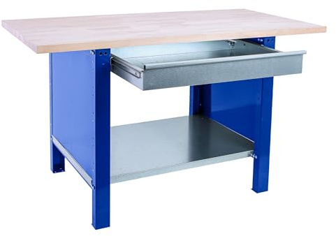 SimonRack Table de Travail Atelier, Banc de Travail, Extra Solide, 1 tiroir, capacité de Charge 1000 kg, Dimensions 865 x 1200 x 750 mm, Bleu/hêtre
