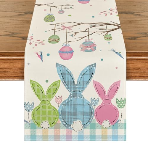Artoid Mode Buffalo Plaid Bunny Egg Carrot Easter Table Runner, Seasonal Spring Kitchen Dining Table Decoration for Home Party Decor 13x72 Inch