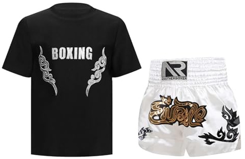 Oyolan Enfant Garçon Short de Boxe et T-Shirt Ensemble de Boxe Combat Muay Thai MMA Kick Boxing Tenue