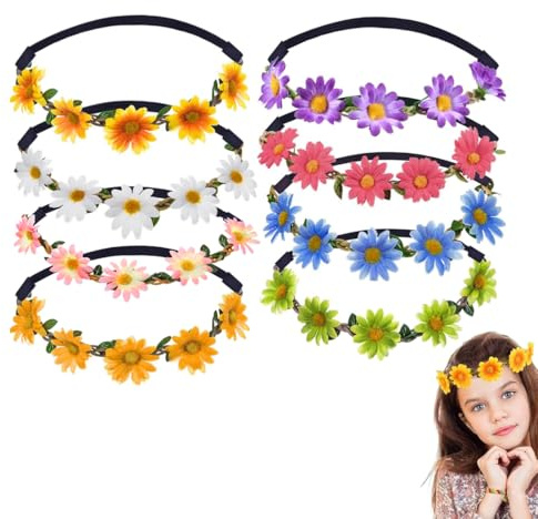 KUMSODE 8 Piezas Diademas de Flores, Multicolor Corona Floral Elástico Diadema de Margaritas Flor Corona con Horquillas Pelo, para Mujeres y Niñas