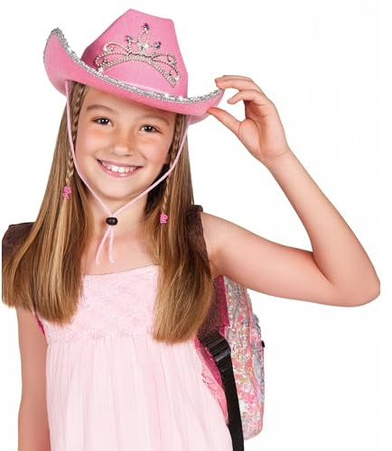 FUN FABLES Childs Pink Glimmer Cowgirl Hat with Sequin Trim & Tiara – Girls Glimmer Western Dress-Up Accessory for Parties, Festivals, Halloween – Sparkly Pink Costume Hat for Kids