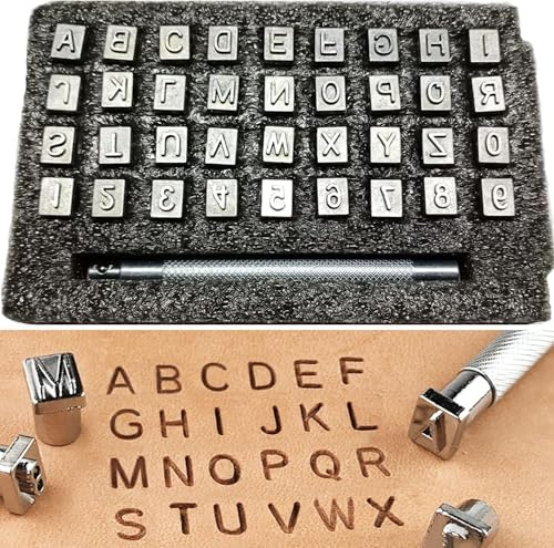 KEWAYO - Kit de estampado de piel con 37 piezas, con sello metálico de acero plateado (26 letras + 10 dígitos) con mango ergonómico - Herramientas profesionales para marroquinería y artesanía DIY