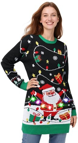 SOMSOC 3 Pcs Light Up Ugly Christmas Sweater Dress for Women LED Reindeer Pullover 2025 Funny Xmas Holiday Party Outfit