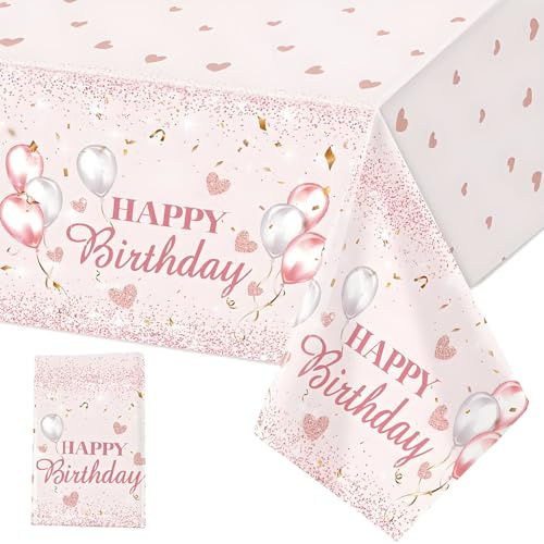 Kisstta 137 x 274 cm party bordsduk, återanvändbara bordsdukar födelsedag, vattentät plastduk, rosa ballonger födelsedag dukar för fest och bordsdekoration