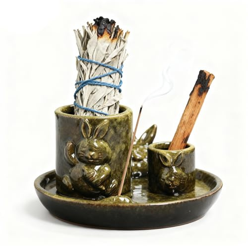 DBAILY Ciotola di incenso, 4 in 1 Incense Holder, Palo Santo, supporto per salvia da bruciare, supporto per bastoncini di incenso, portacandele per meditazione, yoga, spazio