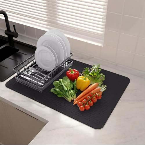 Alfombrilla de silicona para platos extragrande, 70 x 50 cm, antideslizante, resistente al calor, fácil de limpiar, alfombrilla de drenaje para cocina, encimera, fregadero, refrigerador, etc. (Negro)