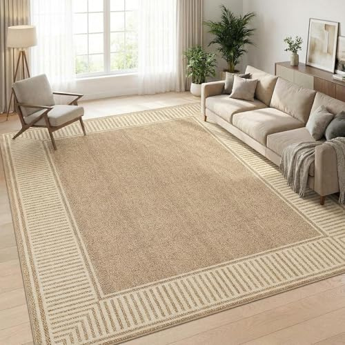 Garvee Modern Bordered Rugs for Living Room 8x10 Washable Rug Large Non Slip Low Pile Soft Carpet Foldable Non-Shedding Woven Printed Floor Cover for Bedroom Playroom Nursery Office Dorm Jute