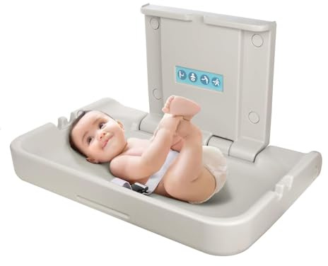 Wall Mounted Baby Changing Station, Horizontal Fold-Down Diaper Changing Table with Safety Strap, HDPE Surface, Dual Bag Hooks & Built-in Liner Dispensers for Commercial Restrooms (White Granite)
