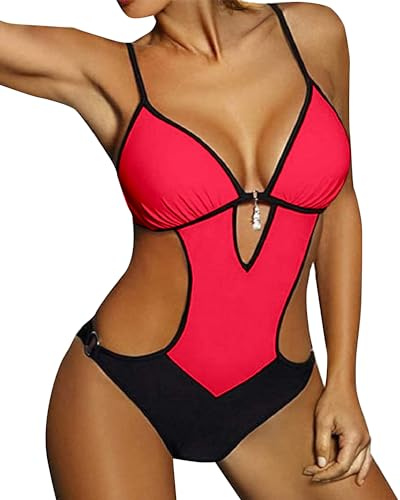 JFAN Costumi da Bagno Interi Donna Trikini Costume da Mare Spiaggia Piscina Sexy Costume da Bagno Intero Donna con Push-up Imbottitura, XXL -Rosa Rossa
