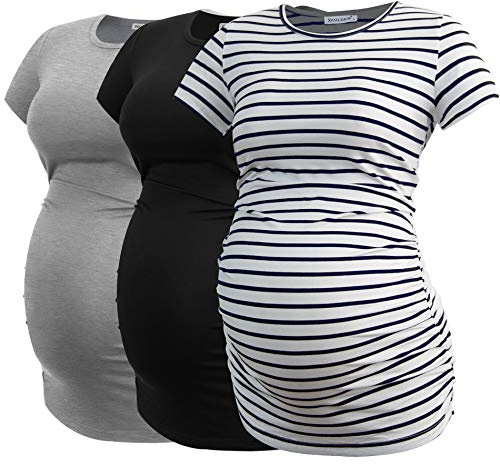 Smallshow Women's Maternity Shirt Side Ruched Tunic Pregnancy Top Clothes 3-Pack Black/Light Grey/White Stripe Large