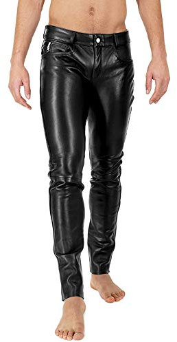 Bockle® 2021 Stretch tub lamm läderbyxor herr jeans svarta läderbyxor läder, Svart, 34W x 36L