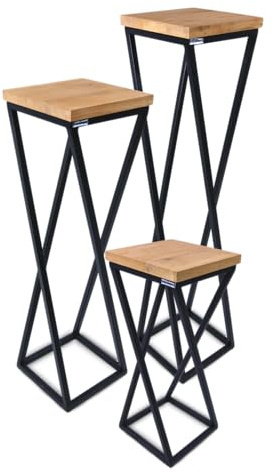 holz4home® Dekoständer-Set 3-tlg. in schwarz aus Massivholz Eiche I Natur Geölt Gedrehte Streben I Höhen: 50/70/90 cm Stahlgestell Dekosäule Blumensäule