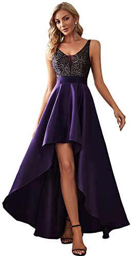 Ever-Pretty Robe Cocktail Mariage Femme Paillettes Longue Asymétrique Col V Brillante A Line Chic Violet Foncé 40