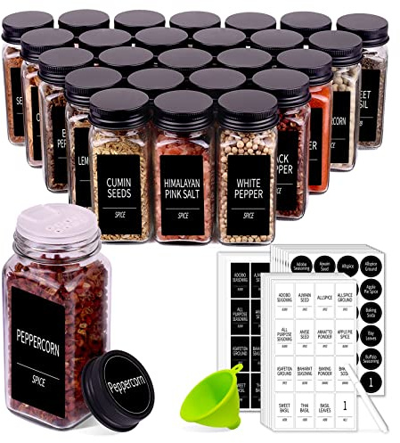 Churboro 36 Spice Jars with 547 Labels- Glass Spice Jars with Black Metal Caps, 4oz Empty Spice Containers with Shaker Lids, Funnel, Chalk Pen, Square Seasoning Bottles for Spice Rack, Drawer, Cabinet