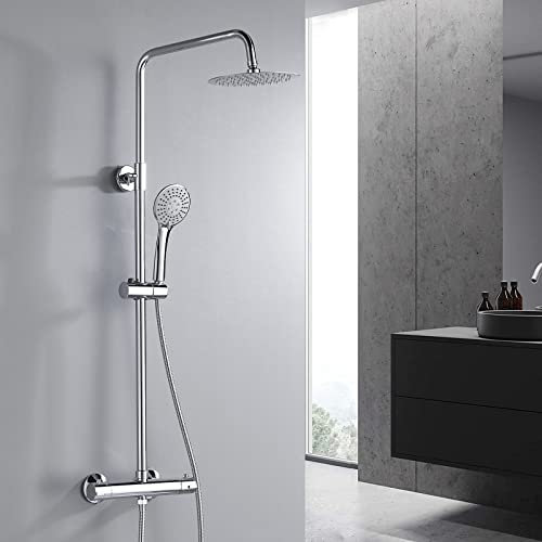 NewEast Thermostat Shower System, Chrome Thermostatic Shower Mixer Set with Overhead Rain Shower and Handheld Shower, Shower Set
