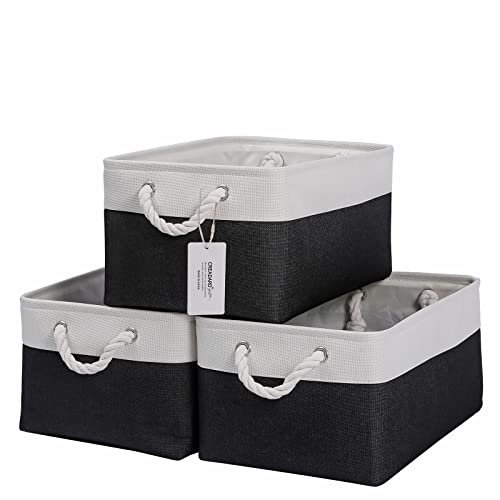 CREADARD Fabric Storage Basket Set of 3, Foldable Linen Storage Box for Nursery and Home, Collapsible Canvas Shelf Basket for Wardrobe or Bedroom, Black and White