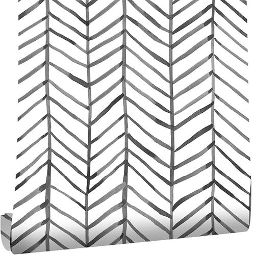 Arthome Modern Black and White Peel and Stick Wallpaper Herringbone Pattern Removable Geometric Wall Paper Bathroom 43.5x310cm Peel and Stick Backsplash Self Adhesive Contact Paper