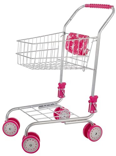 Idena 40250 - Einkaufswagen aus Metall, zusammenklappbarer Wagen mit pinken Details, Zubehör für Spielküche und Kaufmannsladen, für Kinder ab 3 Jahren