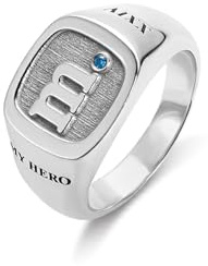 Customised Initial Ring with Side Engravings - Sterling Silver 925 Personalised Name, Year, Letter Rings with Dot - Ideal Father's Day, Birthday Gifts for Men, Women, Boys, Boyfriends, Dad