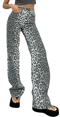 TACSTRUN Vaqueros con Estampado De Leopardo para Mujer Pantalones Vaqueros De Cintura Alta Y Pierna Recta Vaqueros Vintage Y2K Streetwear,Multi Colored,S