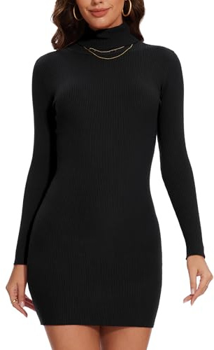 Kiiwah Vestito Base in Maglia Donna Collo Alto Maniche Lunghe Tubino Mini Elegante Dress Autunno Invernale (Nero)