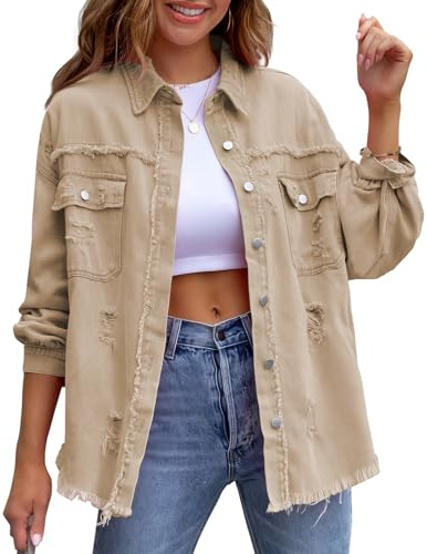 MGizo DtiSpectrum Veste en Jean Vieilli Pour Femme - Veste en Jean Boyfriend Déchirée Coupe Ample à Manches Longues, Veste de Camionneur en Denim avec Bouton en Métal