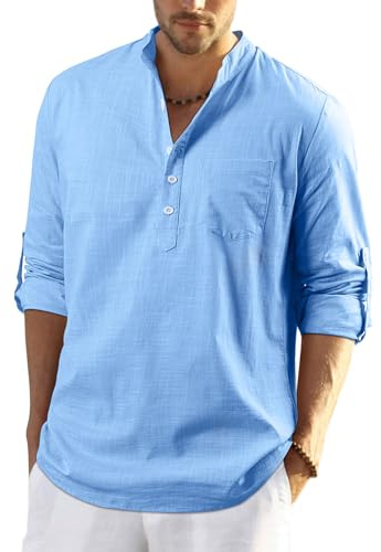 Enlision Mens Cobalt Blue Cotton Linen Shirts Long Sleeve Shirt Button Down Henley Shirts Lightweight Casual Plain Tops for Men 5XL
