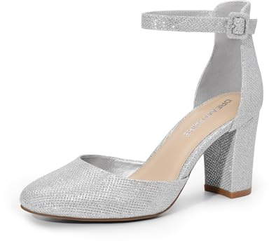 DREAM PAIRS Scarpe per Sposa con Tacco Alto a Blocco Décolleté con Cinturino alla Caviglia da Donna,Size 37,Argento Glitter,DWUMPU2535