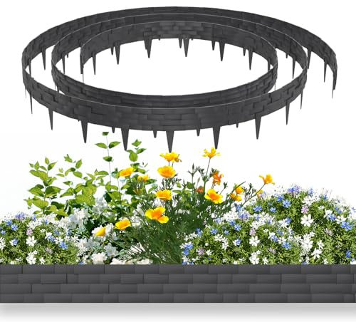 NAIZY Rasenkante Kunstoff 10 m Beeteinfassung Steinimitatziegel, Beeteinfassung mit Stifte Mähkante biegbarer schneibar Natürlich Gartenpalisade 100x20cm/Stück Beetzaun, Anthrazit