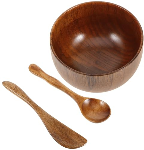 FRCOLOR Set de Bol Bois pour Soins Visage Cuillère et Spatule pour Mélange de Masque Bol Salon Beauté Pratique et Facile à Nettoyer Réutilisable