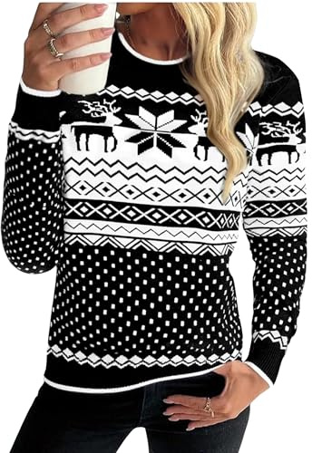 Jahetuul Jersey de Navidad para Mujer Reno y Copo de Nieve Suéter de Invierno Cálido de Punto Cuello Redondo Manga Larga para Fiesta Navideña