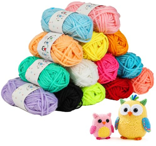 HOTUT Häkelgarn,10g x 14 Farben Wolle zum Häkeln Stricken,Garn zum Häkeln und Stricken,Glänzend und hautfreundlich Yarn Set mit Häkelnadel 4mm,Baumwollgarn für Anfänger Set