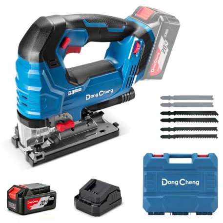 Dong Cheng 20V Brushless Cordless Jigsaw, 26mm Stroke, 3500SPM, 4.0Ah Kit | 6-Speed Control, Orbital Action, Dual LED Light, Dust Blower, 6 Blades Included, Ideal for Wood Cutting & DIY Projects