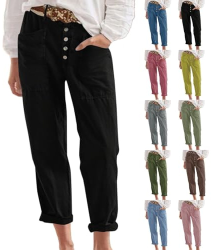 AMDOLE Women's Cropped Trousers Women's Stretch High Waisted Straight Wide Leg Trousers with Breasted Cotton Loose Casual Pants with Pockets Womens Summer Holiday Capri Trouser Black-2 XL
