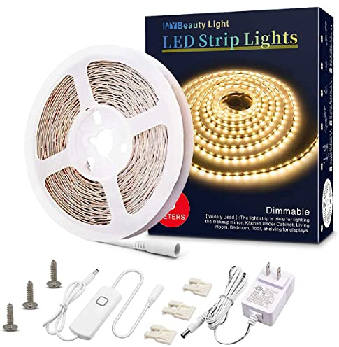 MY BEAUTY LIGHT LED Strip Lights Warm White, 16.4ft Dimmable LED Light Strip,12v Flexible LED Rope Lights Kits for Kitchen Cabinet Bedroom Party Decor