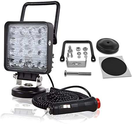 SKYWORLD 4 LED Arbeitsscheinwerfer 48W, Quadratischer Spot, 12V/24V, 6000K Weiß, mit Magnethalterung & tragbarer Magnetfußhalterung, für Auto, LKW, Offroad, ATV, UTV