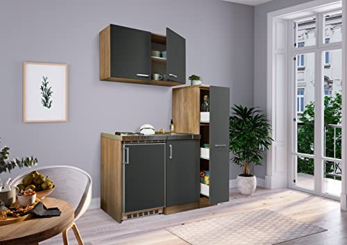 Respekta Küche Miniküche Küchenzeile Küchenblock 130 cm Eiche Sägerau grau