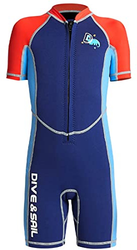 Kinder Neoprenanzug Mädchen Jungen Kurzarm Wäremehaltung UV-Schutz 2.5mm Neopren Tauchanzug Einteiliger kurzärmelig Badeanzug Reißverschluss warm Wetsuit Wassersport Dunkelblau M
