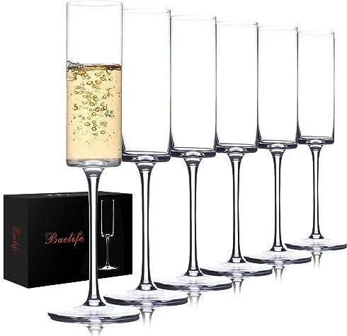 BACLIFE Lot de 6 flûtes à champagne en cristal soufflées à la main avec longue tige – 185 ml – Cadeau unique pour anniversaire, mariage, anniversaire de mariage – Transparent