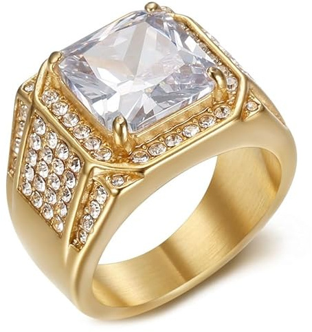 BOBIJOO Jewelry - Bague Diamant Homme Chevalière Acier Inoxydable Or Doré Plaqué Oxyde de Zirconium - 58 (8 US)