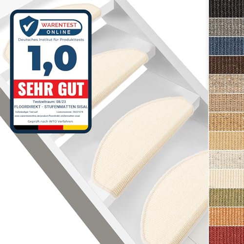 Floordirekt Sisal Stufenmatten innen 15 Stück halbrund, Treppenstufen Matten für Holztreppen, antirutsch Treppenteppich Selbsklebennd und Allergikerfreundlich (Elfenbein Maße ca. 64 x 23,5 cm)