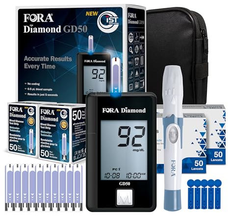 Misuratore di glicemia FORA Diamond GD50a (mg/dl) con 110 strisce reattive per la glicemia e 110 lancette per il diabete per l'autocontrollo dei livelli di glucosio nel sangue