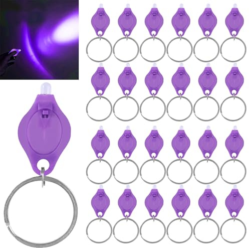 MODOAO Lot de 24 mini porte-clés LED ultra lumineuses à piles avec porte-clés, pour urine, passeport, carte d'identité, monnaie et éclairage d'urgence, coque violette