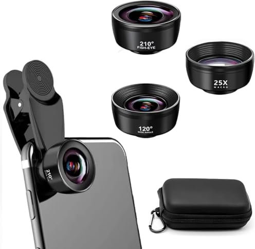 Auricase Handy Objektiv Kit, 3 in 1 Handy objektiv linse kit Lens Set, 210° Fischaugenobjektiv, 120° Weitwinkel, 25X Makroobjektiv, mit Staubbeutel, für die meisten Smartphones (Grau)