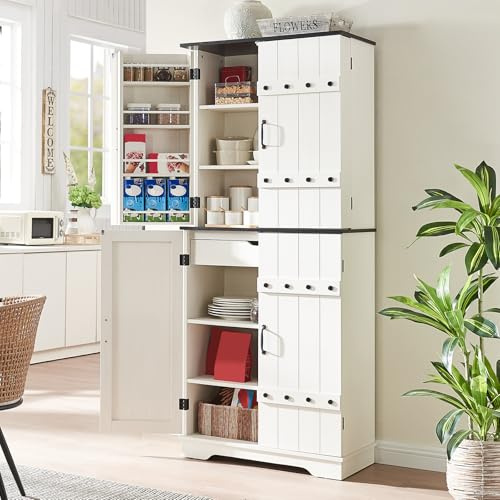 LUXOAK 72 Tall Farmhouse Kitchen Pantry with Rivet Barn Doors, Rustic Wood Cupboard Storage Cabinet/w Drawer & Adjustable Shelves for Dining Living Room, Bathroom & Hallway, Antique White