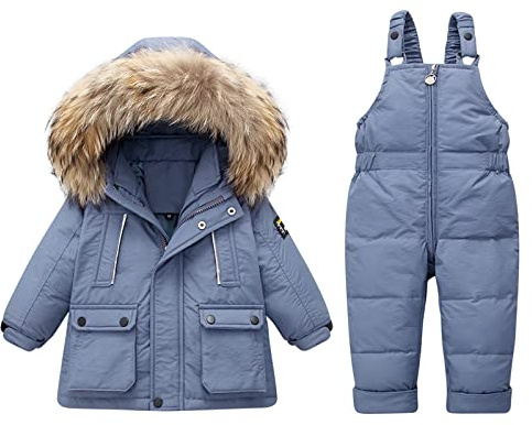 Enfant Combinaison de Ski avec Veste de Duvet, Pantalons de Ski et Doudoune à Capuche pour Enfants 2 Pièces Bébé Fille Garçon Veste Blouson Manches Longues Hiver Ensemble de Ski 1-5 Ans