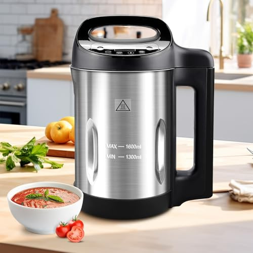 Homtone 1.6L Soup Maker Machine, Stainless Steel Programmable Soup Maker with Smooth & Chunky Settings, Anti-Dry Burn, Overfill Sensors, Self-Cleaning Mode for Quick Soups, Baby Food, Home Use Black